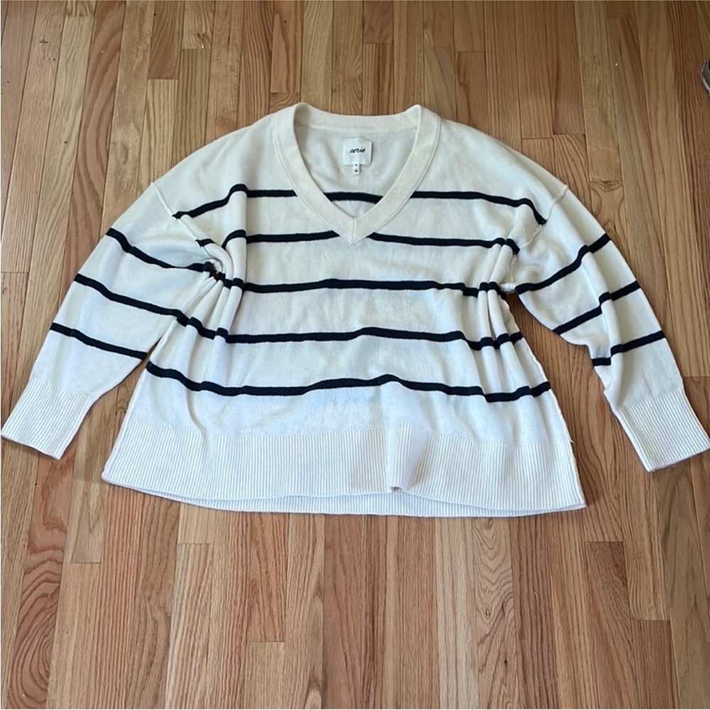 Aerie Sweater Womens XXl Cream White Black Stripes V Neck Sweatshirt Oversized